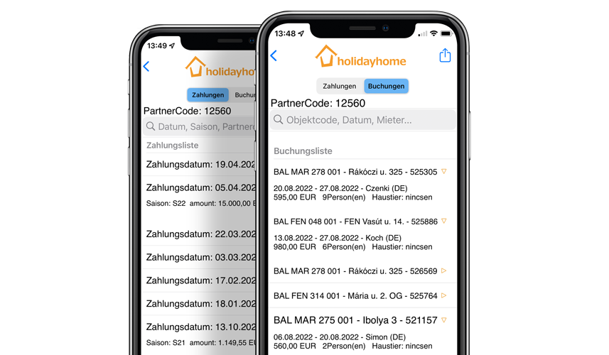 Zahlungen-Buchungen  Vermieter-App Holiday Home